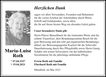 Traueranzeige von Maria-Luise Roth von Fränkische Nachrichten