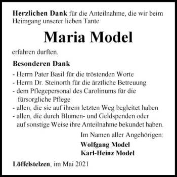 Traueranzeige von Maria Model von Fränkische Nachrichten