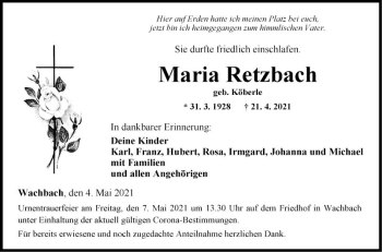 Traueranzeige von Maria Retzbach von Fränkische Nachrichten