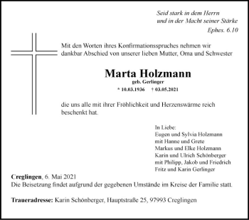 Traueranzeige von Marta Holzmann von Fränkische Nachrichten