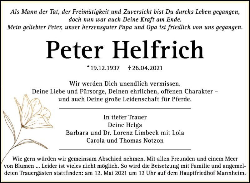  Traueranzeige für Peter Helfrich vom 08.05.2021 aus Mannheimer Morgen