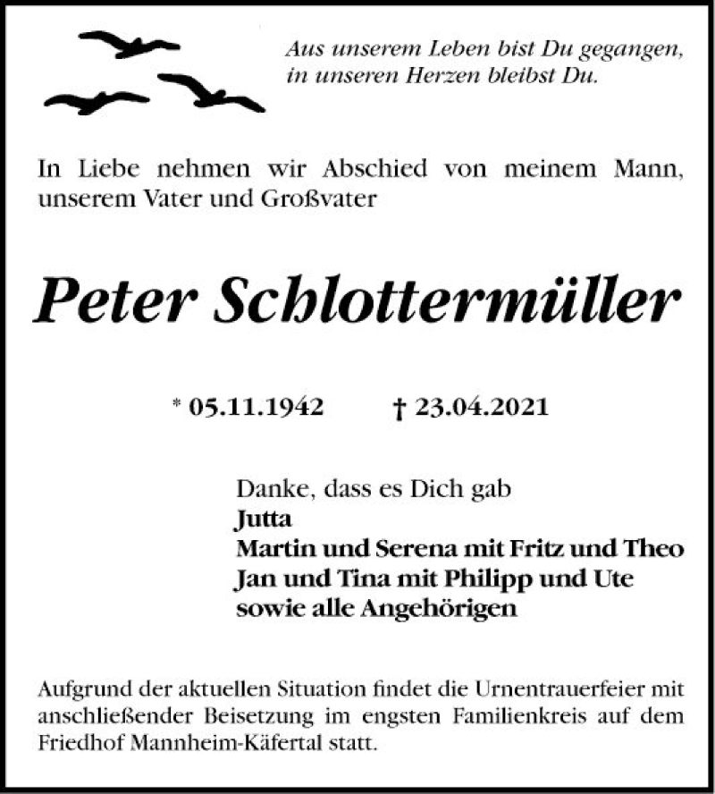  Traueranzeige für Peter Schlottermüller vom 03.05.2021 aus Mannheimer Morgen