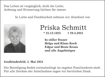 Traueranzeige von Priska Schmitt von Fränkische Nachrichten