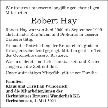 Traueranzeige von Robert Hay von Fränkische Nachrichten