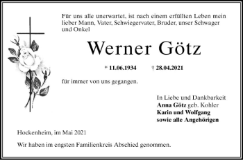 Traueranzeige von Werner Götz von Schwetzinger Zeitung