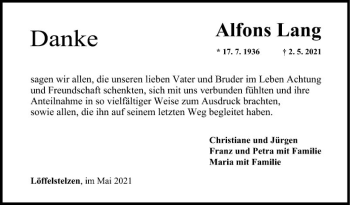 Traueranzeige von Alfons Lang von Fränkische Nachrichten