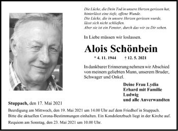 Traueranzeige von Alois Schönbein von Fränkische Nachrichten