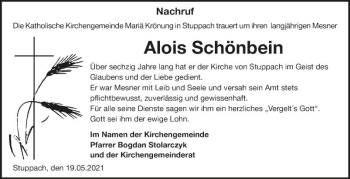 Traueranzeige von Alois Schönbein von Fränkische Nachrichten