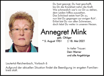 Traueranzeige von Annegret Mink von Bergsträßer Anzeiger