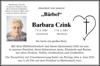 Traueranzeige von Barbara Czink von Mannheimer Morgen