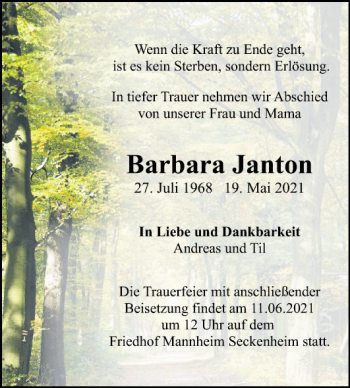 Traueranzeige von Barbara Janton von Mannheimer Morgen