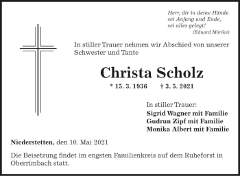 Traueranzeige von Christa Scholz von Fränkische Nachrichten