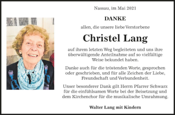 Traueranzeige von Christel Lang von Fränkische Nachrichten