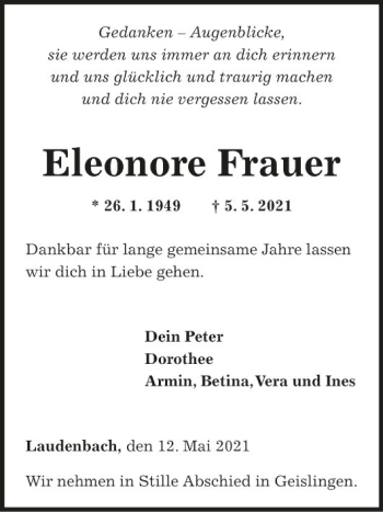 Traueranzeige von Eleonore Frauer von Fränkische Nachrichten