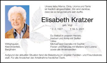 Traueranzeige von Elisabeth Kratzer von Fränkische Nachrichten