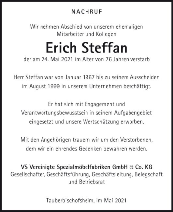 Traueranzeige von Erich Steffan von Fränkische Nachrichten