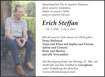 Traueranzeige von Erich Steffan von Fränkische Nachrichten