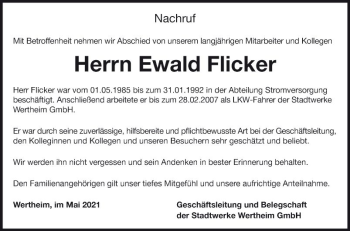 Traueranzeige von Ewald Flicker von Fränkische Nachrichten