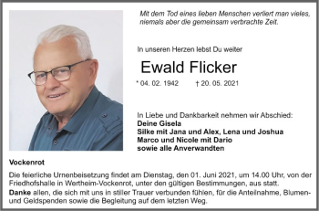 Traueranzeige von Ewald Flicker von Fränkische Nachrichten