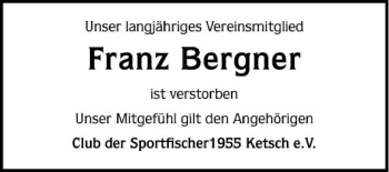 Traueranzeige von Franz Bergner von Schwetzinger Zeitung