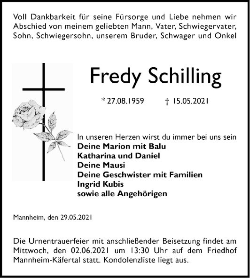  Traueranzeige für Fredy Schilling vom 29.05.2021 aus Mannheimer Morgen