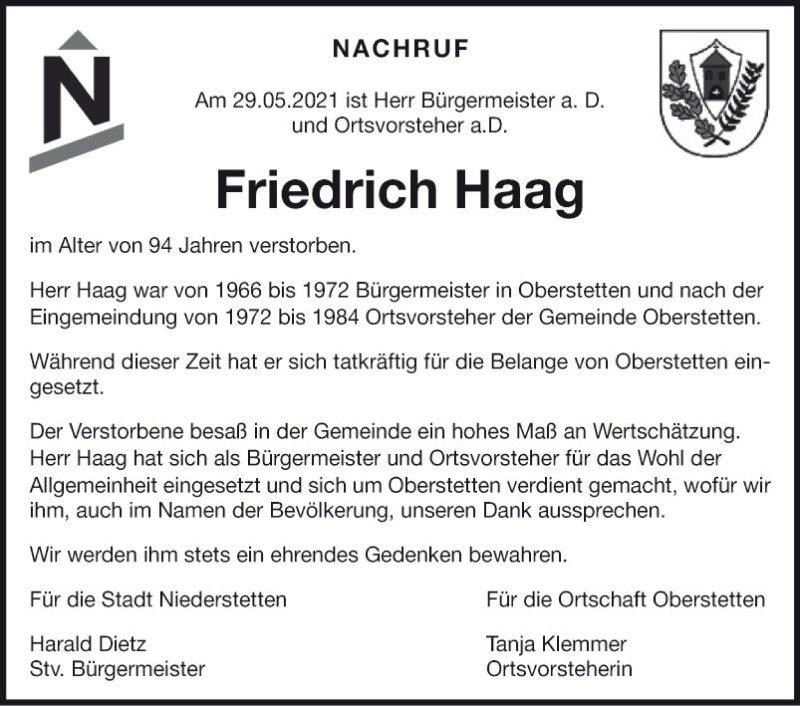  Traueranzeige für Friedrich Haag vom 01.06.2021 aus Fränkische Nachrichten