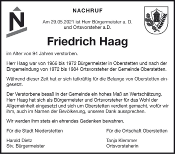 Traueranzeige von Friedrich Haag von Fränkische Nachrichten