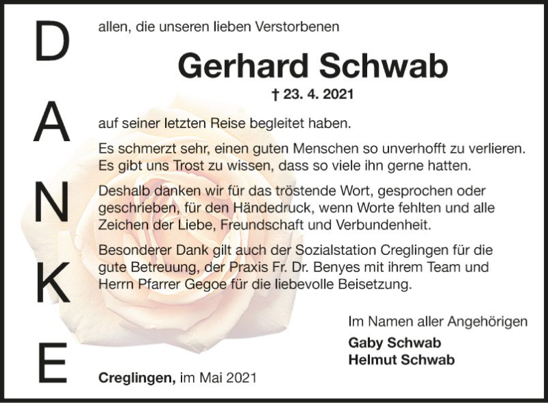  Traueranzeige für Gerhard Schwab vom 21.05.2021 aus Fränkische Nachrichten
