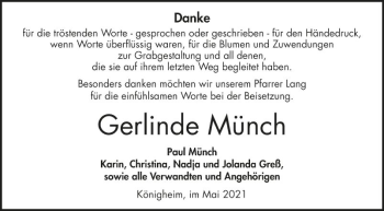 Traueranzeige von Gerlinde Münch von Fränkische Nachrichten