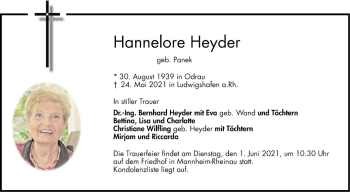 Traueranzeige von Hannelore Heyder von Mannheimer Morgen