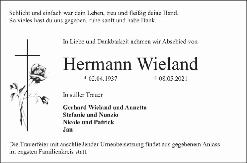  Traueranzeige für Hermann Wieland vom 22.05.2021 aus Mannheimer Morgen