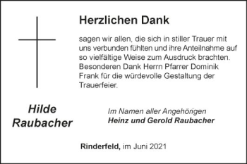 Traueranzeige von Hilde Raubacher von Fränkische Nachrichten