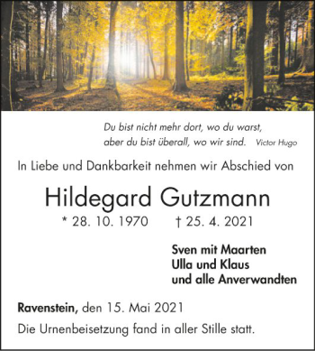 Traueranzeige von Hildegard Gutzmann von Fränkische Nachrichten