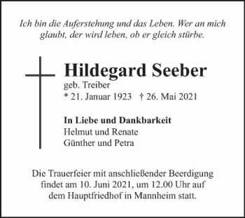 Traueranzeige von Hildegard Seeber von Mannheimer Morgen