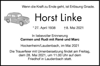 Traueranzeige von Horst Linke von Mannheimer Morgen