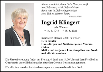 Traueranzeige von Ingrid Klingert von Fränkische Nachrichten