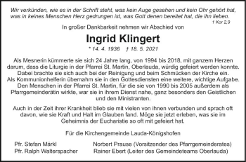 Traueranzeige von Ingrid Klingert von Fränkische Nachrichten