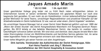 Traueranzeige von Jaques Amado Marin von Mannheimer Morgen