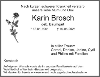 Traueranzeige von Karin Brosch von Fränkische Nachrichten