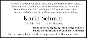 Traueranzeige von Karin Schmitt von Mannheimer Morgen