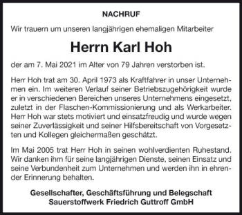 Traueranzeige von Karl Hoh von Fränkische Nachrichten