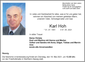 Traueranzeige von Karl Hoh von Fränkische Nachrichten