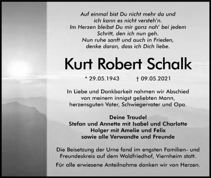  Traueranzeige für Kurt Robert Schalk vom 22.05.2021 aus Südhessen Morgen
