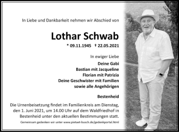 Traueranzeige von Lothar Schwab von Fränkische Nachrichten