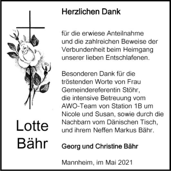 Traueranzeige von Lotte Bähr von Mannheimer Morgen