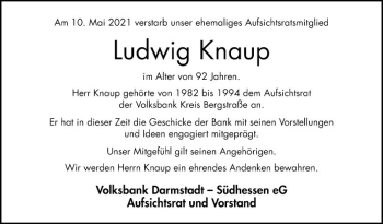 Traueranzeige von Ludwig Knaup von Bergsträßer Anzeiger