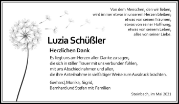 Traueranzeige von Luzia Schüßler von Fränkische Nachrichten