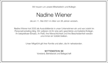 Traueranzeige von Nadine Wiener von Fränkische Nachrichten