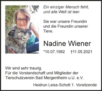 Traueranzeige von Nadine Wiener von Fränkische Nachrichten