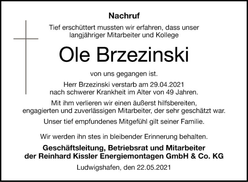  Traueranzeige für Ole Brzezinski vom 22.05.2021 aus Mannheimer Morgen